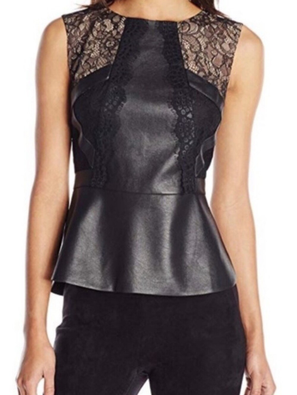 BCBGMAXAZRIA Black Faux Leather Peplum Top with Lace Insets Size S.